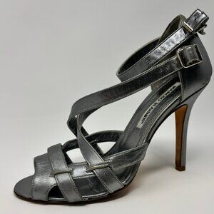 Manolo Blahnik Strappy Silver/Platinum Leather Heels, size 36.5